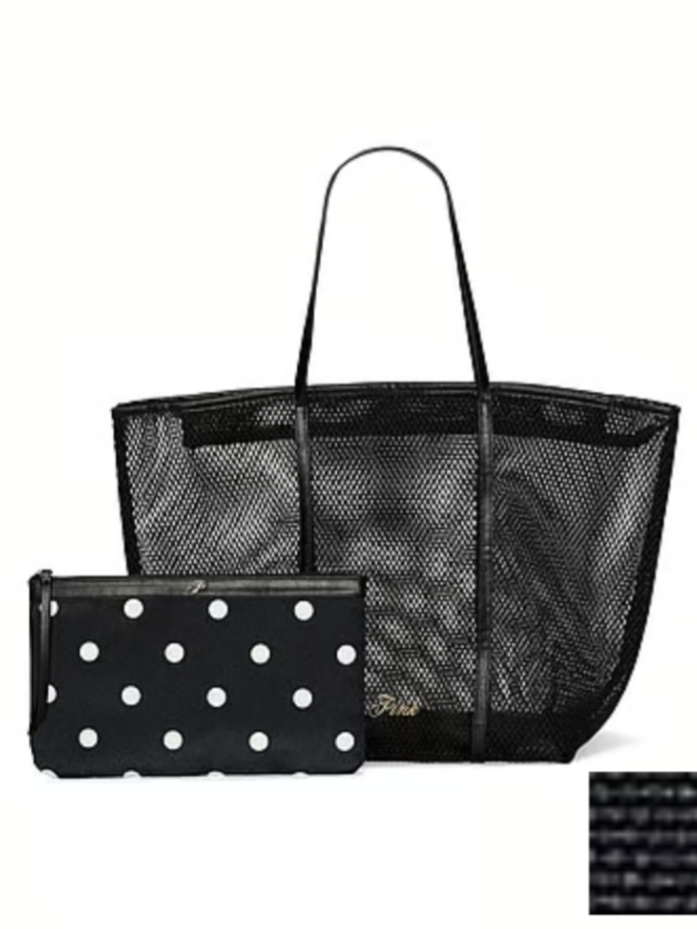Black Mesh Tote Bag with Polka Dot Pouch